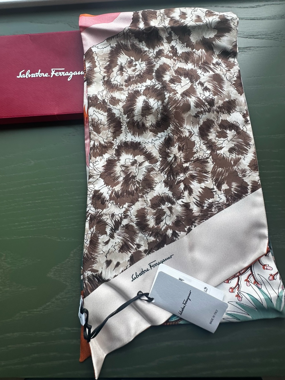 Salvatore Ferragamo reversible Brown Floral Silk Scarf with Cream Border - - Picture 2 of 16